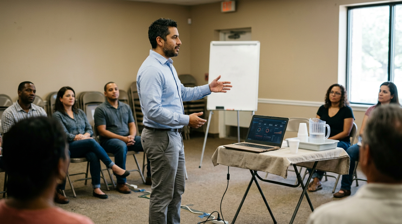 Financial advisor gesturing to a small seminar audience with a laptop showing YouTube analytics open on a side table nearby.
