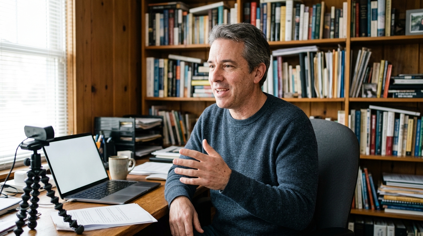 Financial advisor in his late 40s speaking directly to camera on a tripod at a home office desk, mid-explanation with hand raised