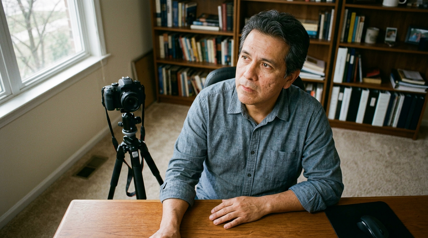 Financial advisor pausing mid-thought before recording, seated at a home office desk with a camera on a tripod in front of them.