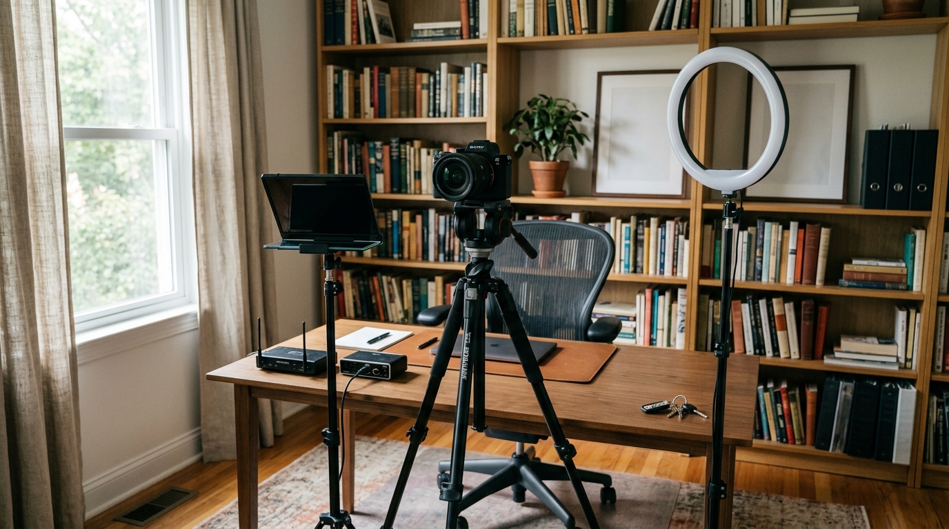 Financial advisor in a home office recording a YouTube video on a tripod, speaking confidently to camera with a ring light visible.