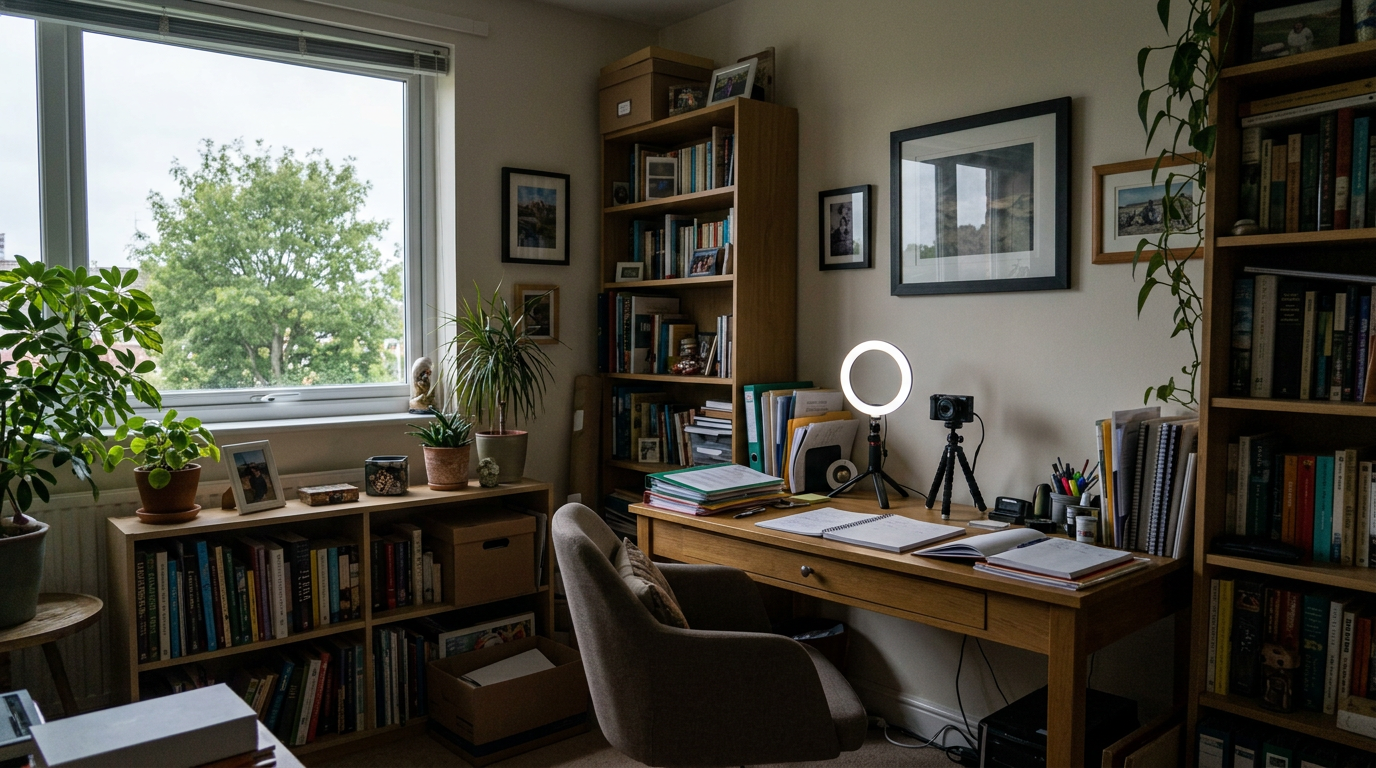 Financial advisor reviewing a video script with pen in hand beside a camera on a tripod in a home office, preparing for filming.