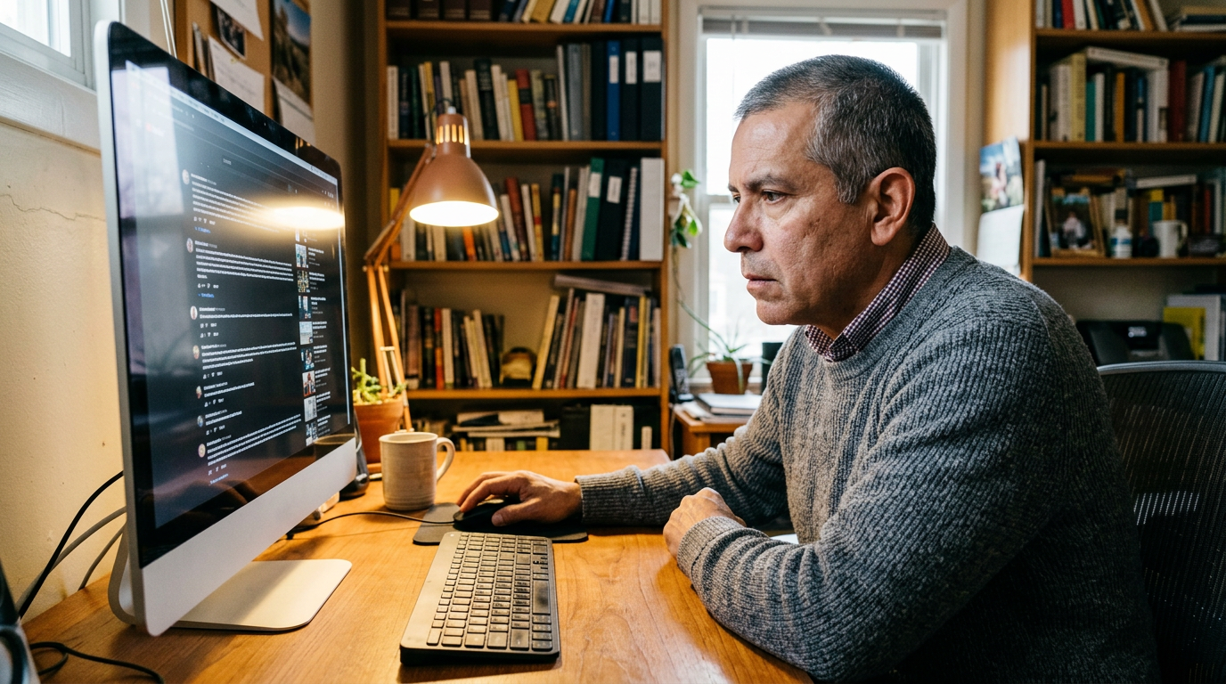 Financial advisor in his 50s scrolling through a YouTube comments section on a large monitor in a warm home office, expression focused and surprised.