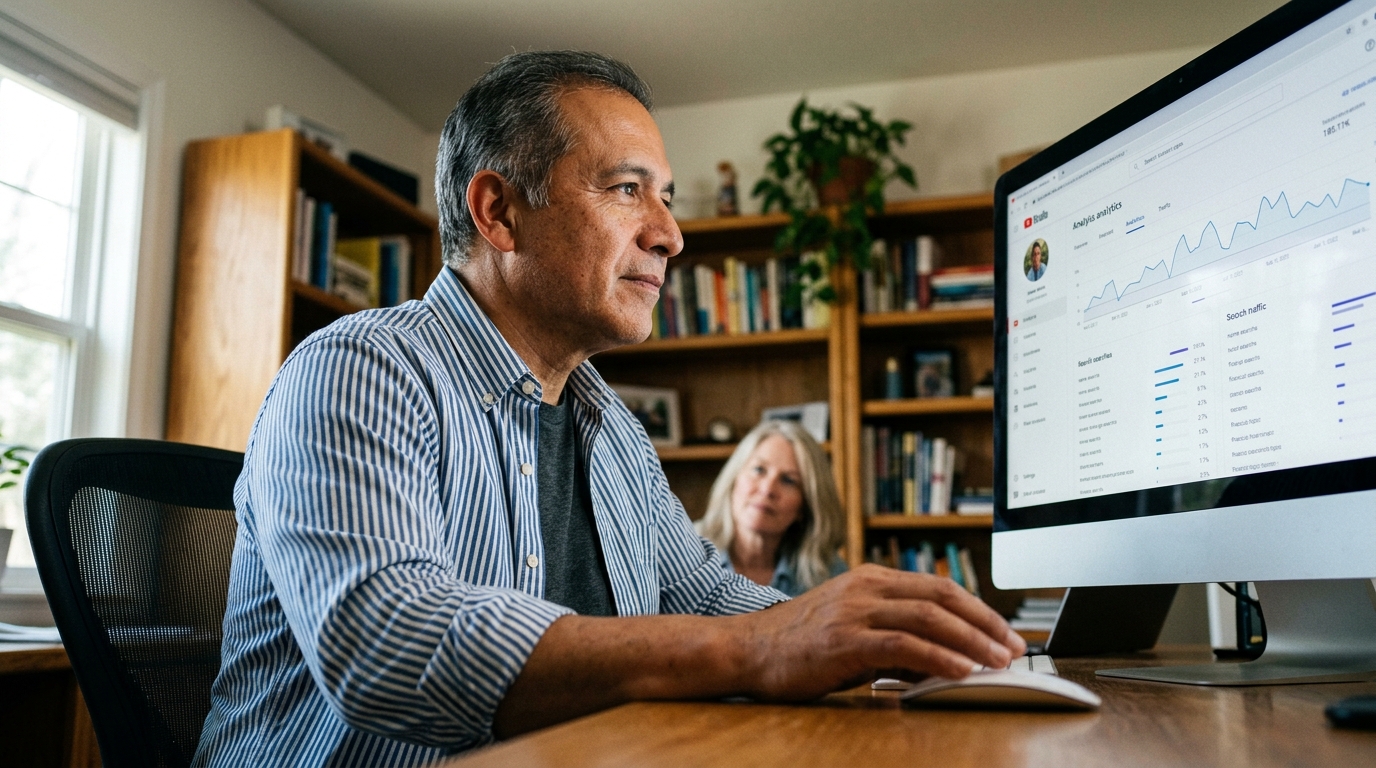 Financial advisor in his 50s studying a YouTube Studio analytics dashboard showing two distinct search traffic query groups on a large monitor.