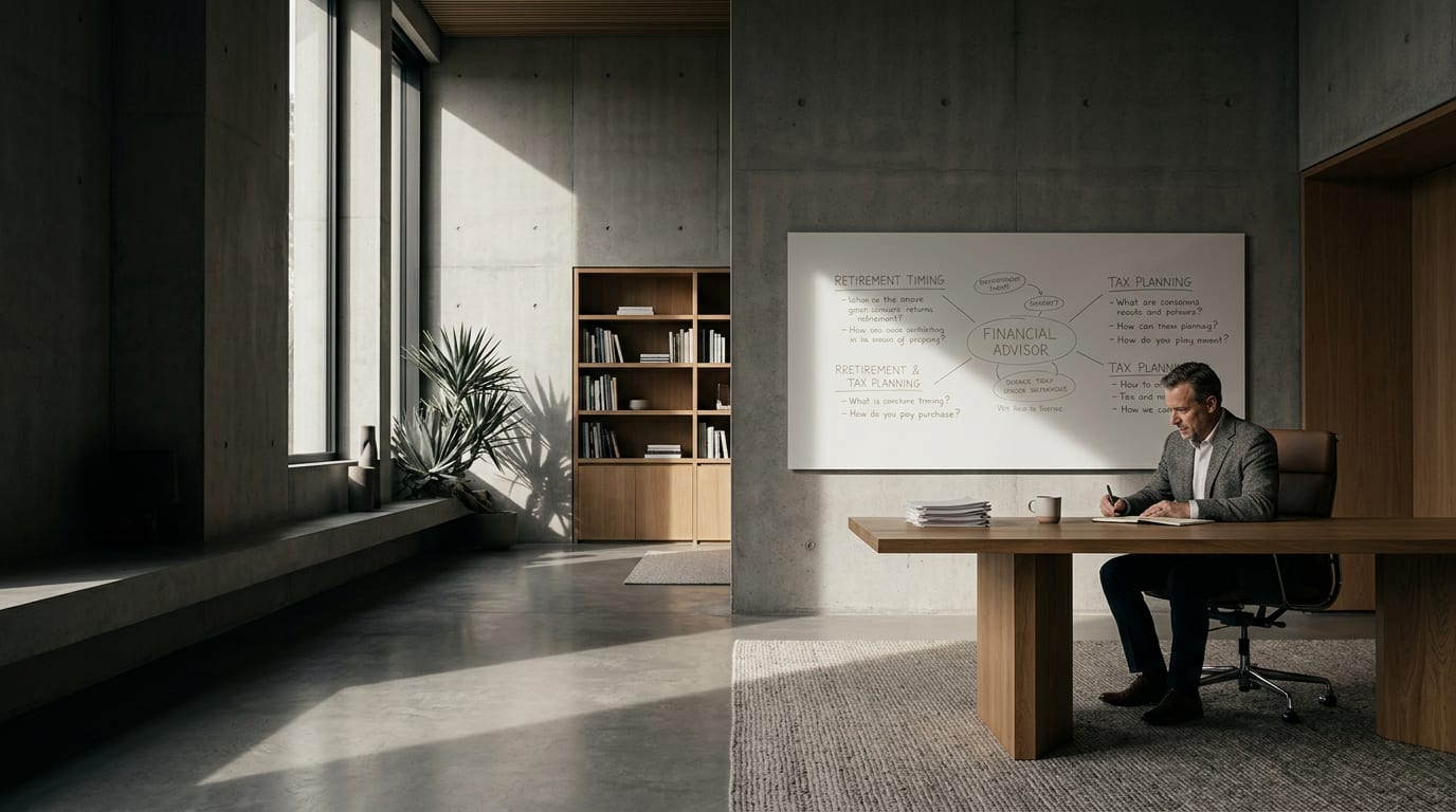Financial advisor in his 50s writing topic clusters on a whiteboard in a home office, organizing client questions into YouTube video ideas.