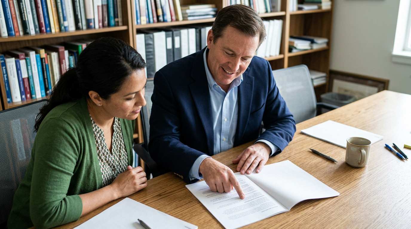 Financial advisor and compliance officer reviewing a multi-page channel proposal document together at a conference table.