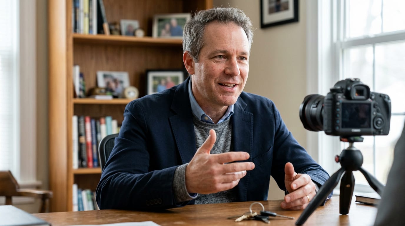 Financial advisor drawing a target audience circle on a whiteboard in a home office, narrowing his YouTube channel positioning.