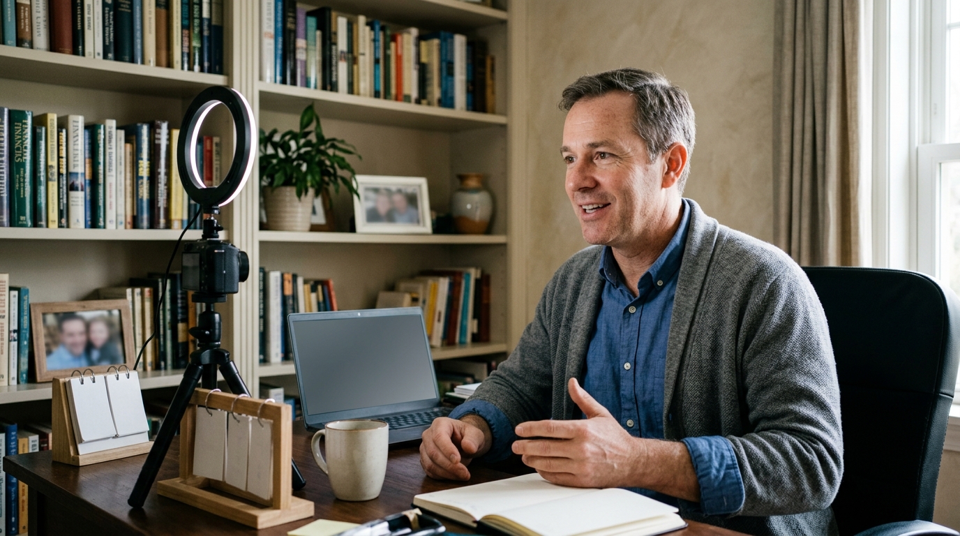 Financial advisor in his late 40s recording a YouTube video on camera in a home office with a ring light and calendar visible on his desk.