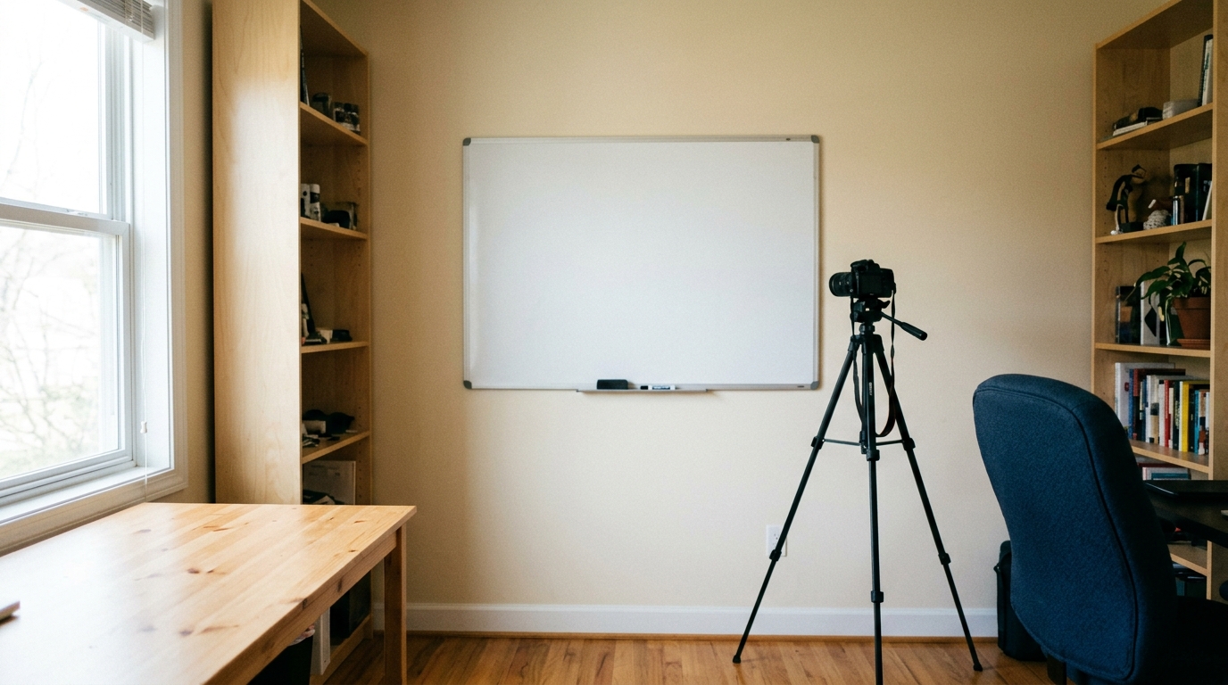 Financial advisor in his 40s standing at a whiteboard in a home office with a camera on a tripod set up to record a YouTube video.