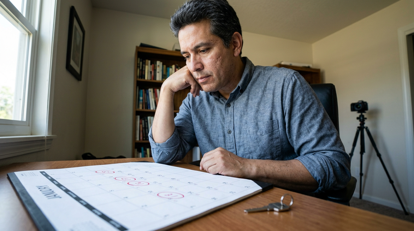 Financial advisor in his late 40s studying a 12-month calendar with circled publish dates, a camera tripod visible in the background of his home office.