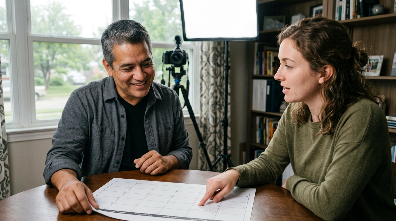 Financial advisor and production team member reviewing a four-week video content calendar beside a camera and softbox light in a home studio.