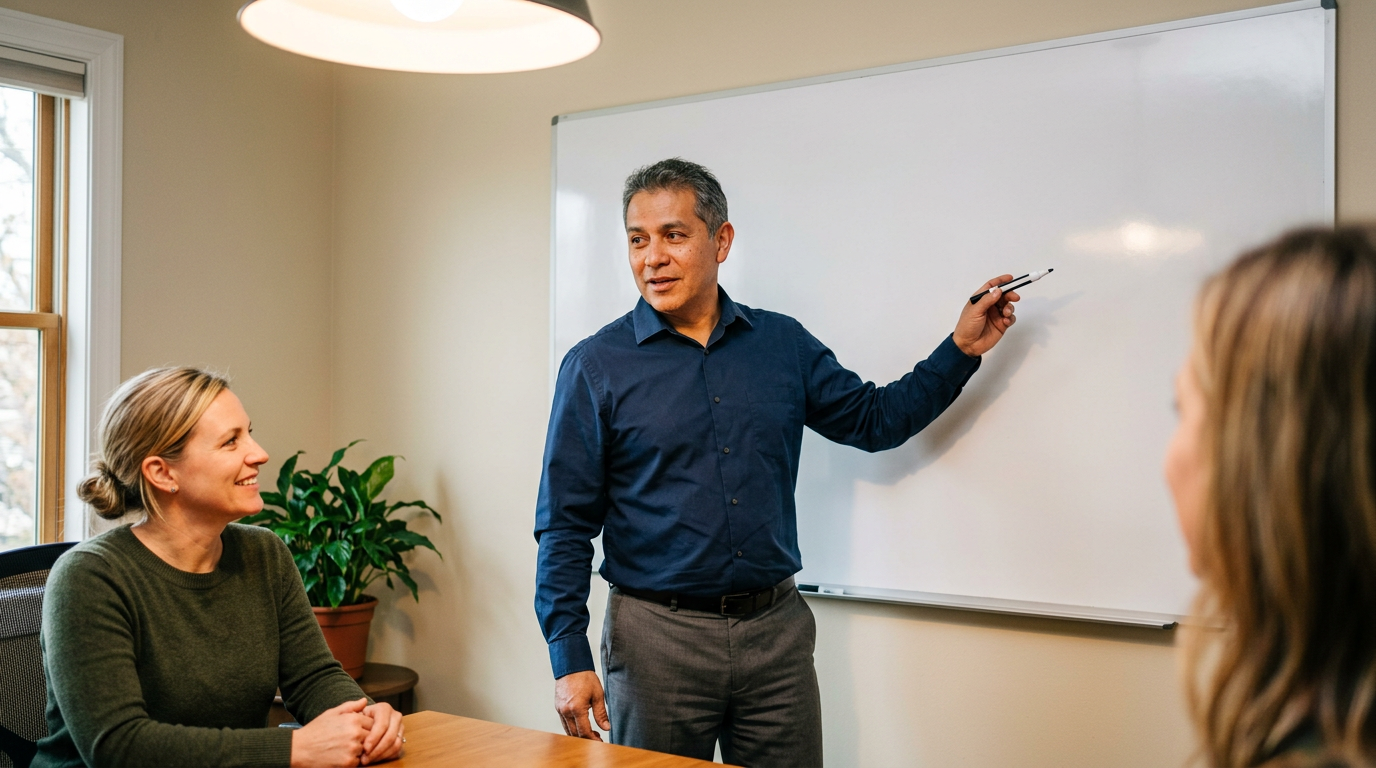 Financial advisor writing a three-column comment moderation framework on a whiteboard in a professional office, marker in hand mid-sentence.