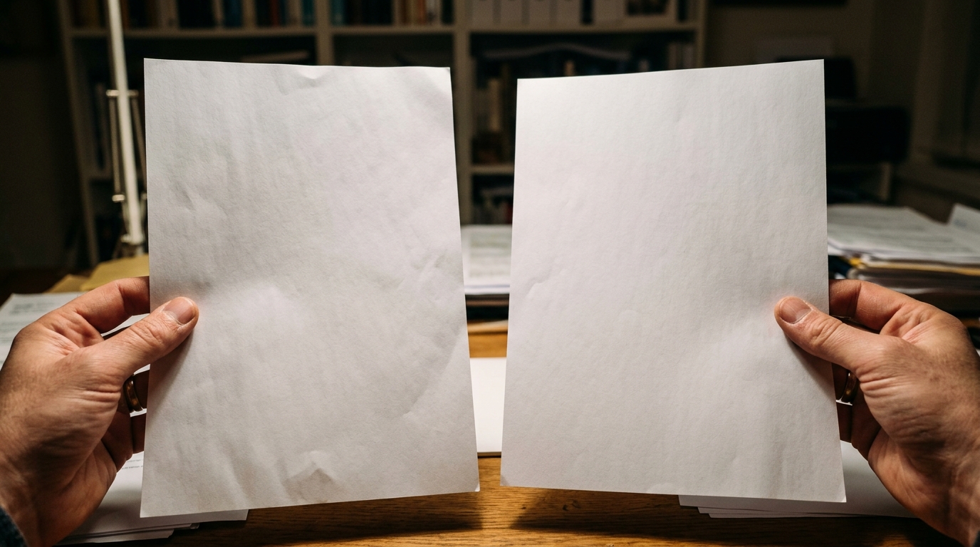 Financial advisor in his 40s comparing two regulatory documents side by side in a warmly lit home office, weighing FINRA and SEC compliance rules.