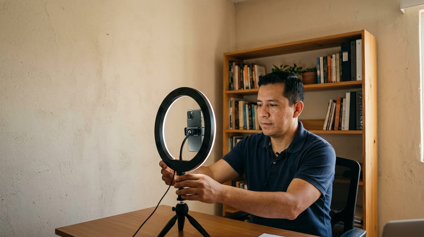 Financial advisor adjusting a ring light before recording a YouTube video at a tidy home office desk with a smartphone on a tripod and a lapel mic clipped to his collar.