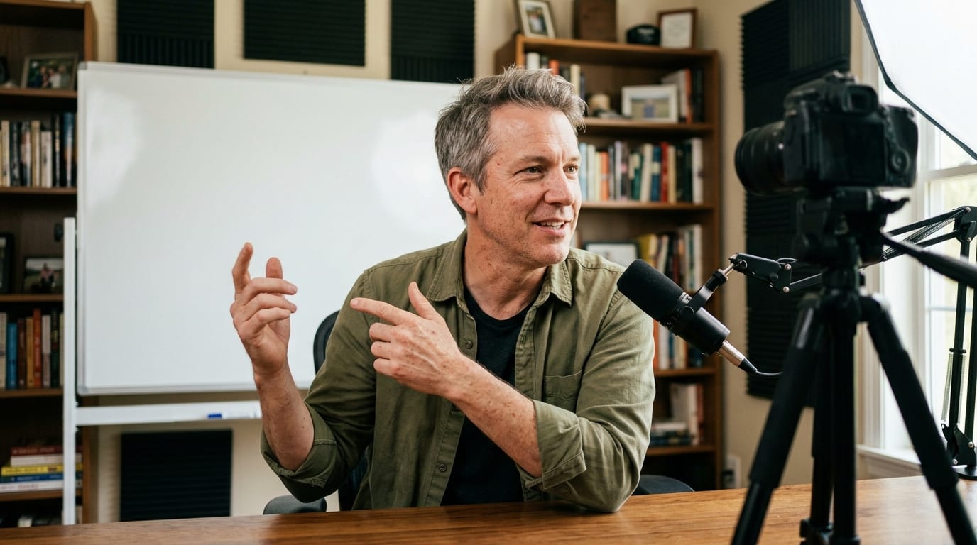 Financial advisor at a recording desk pointing to two handwritten title options on a whiteboard, one circled as the specific, situation-named choice.