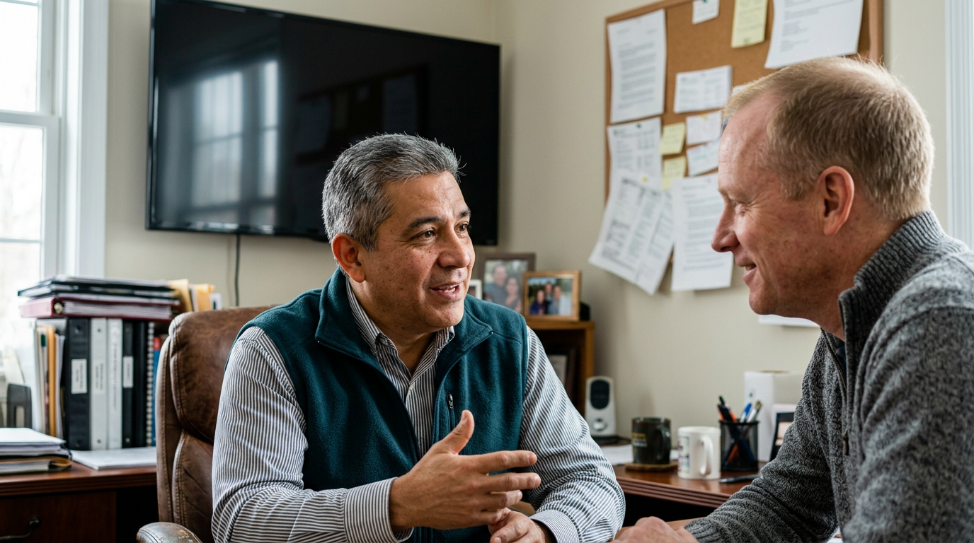 Financial advisor studying a YouTube analytics dashboard showing declining total views alongside a rising qualified audience segment on a wall monitor