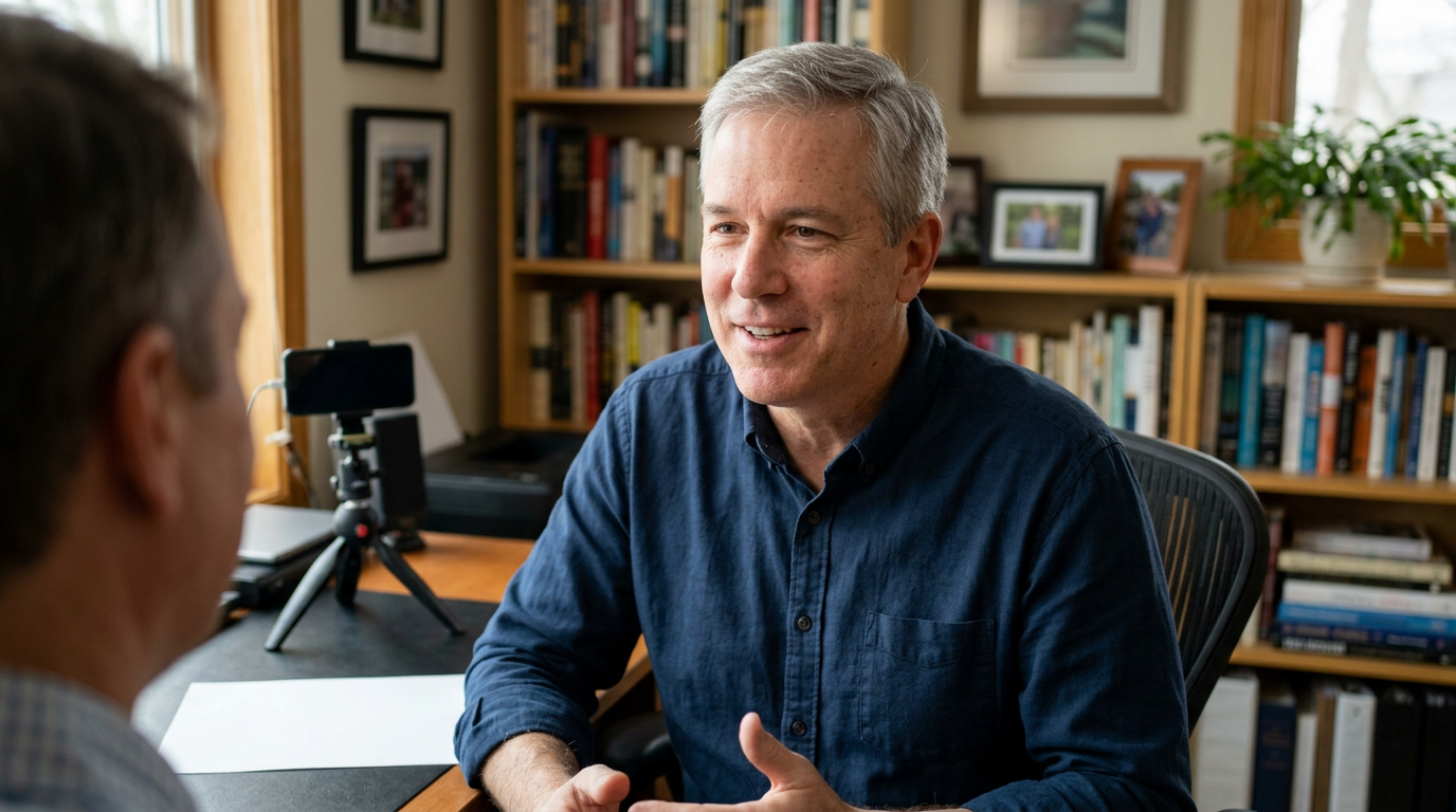 Financial advisor in his 50s recording a YouTube video in a home office, speaking directly to camera with warm lighting and bookshelves behind him.