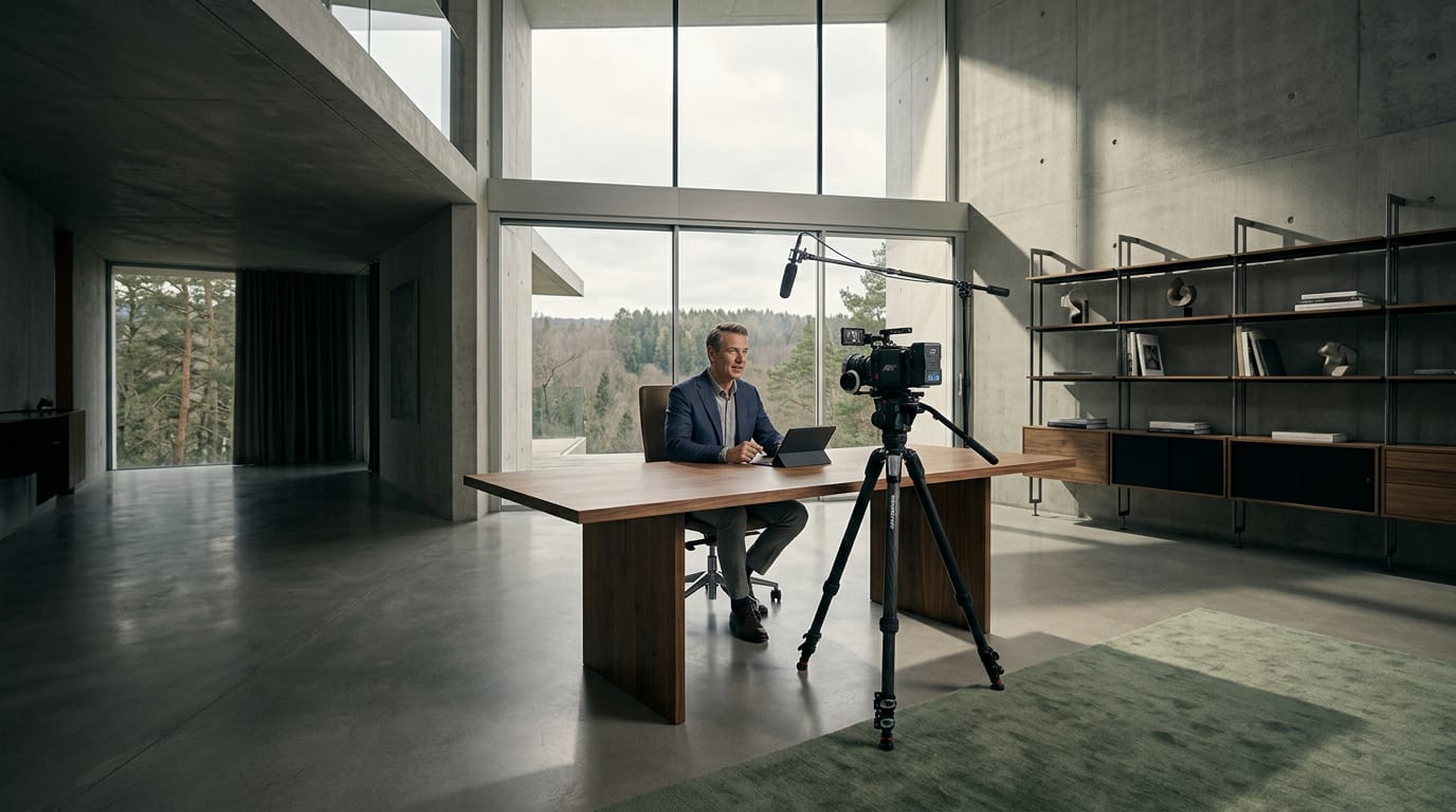Financial advisor in his 50s recording a YouTube video on a professional camera in a well-lit home office, mid-sentence and confident on camera.