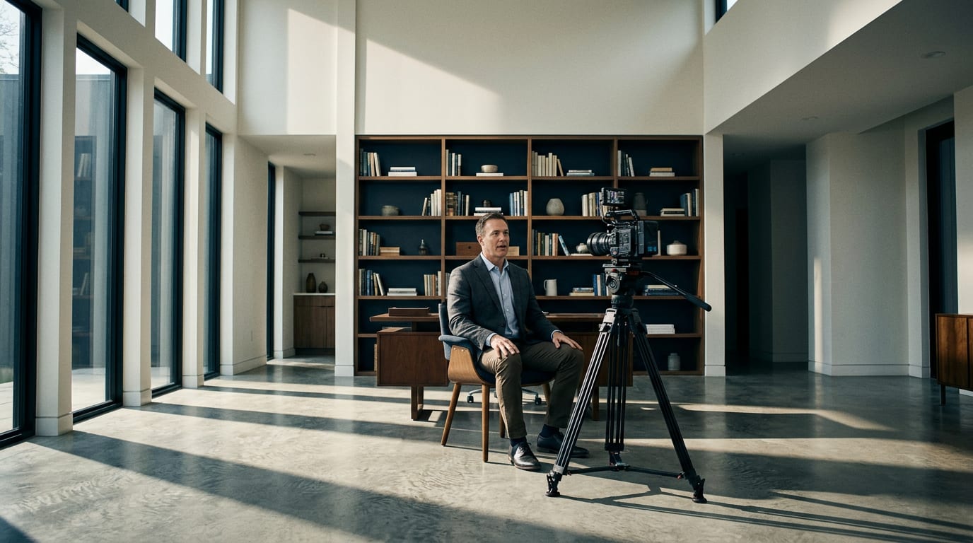 Financial advisor in his late 40s recording a YouTube video on a tripod-mounted camera in a professional home office setting.