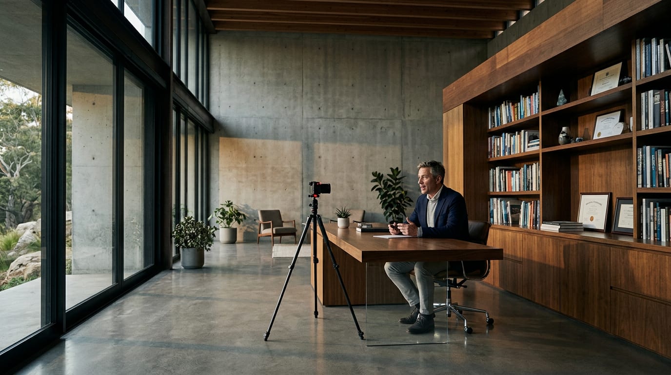 Financial advisor in his 50s speaking directly to a camera on a tripod in a warmly lit home office with credentials on the bookshelf behind him.