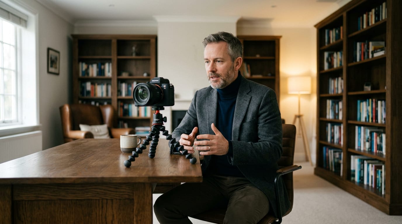 A financial advisor in his late 40s records a YouTube video in his home office, speaking directly to camera with calm confidence.