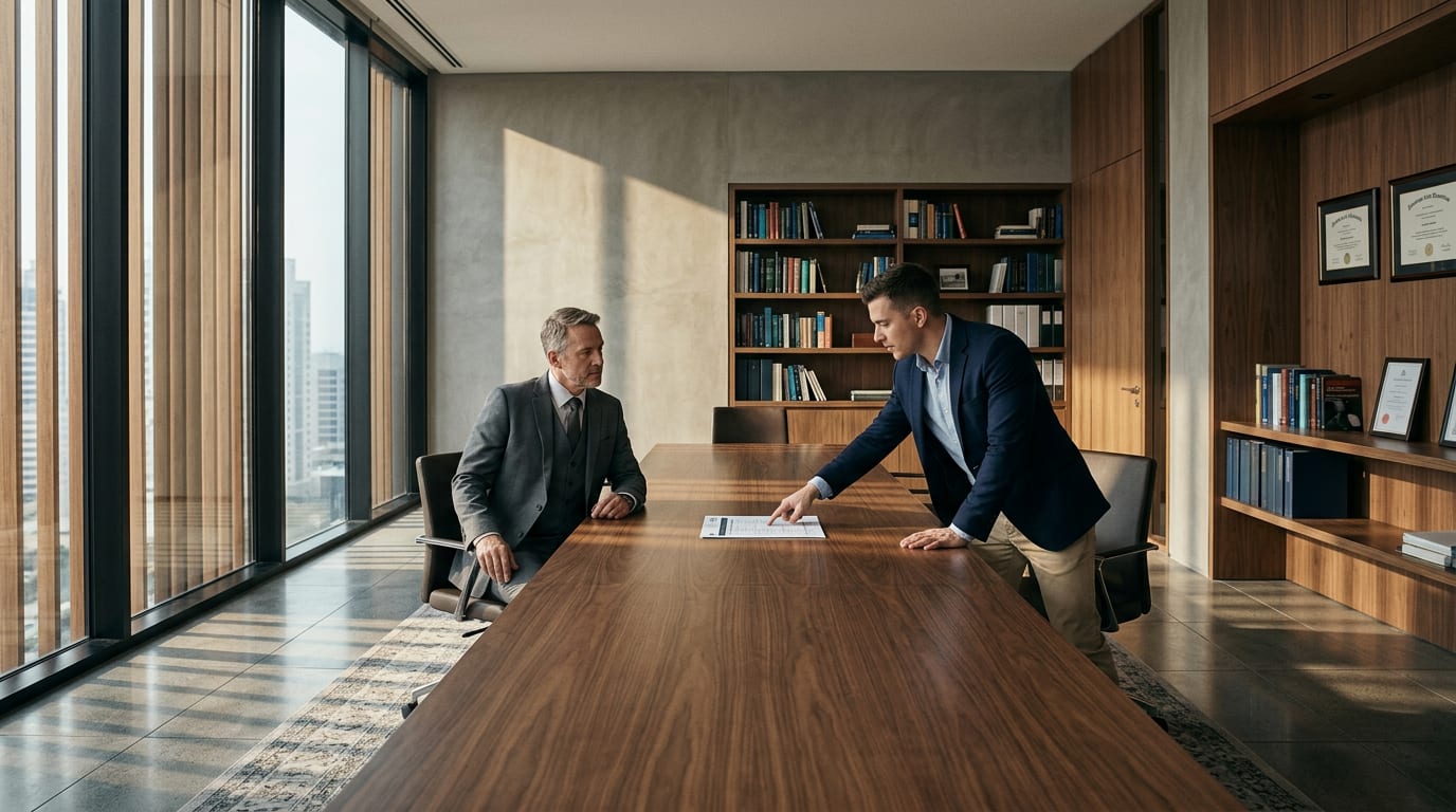 Financial advisor and YouTube marketing consultant at a conference table reviewing a compliance checklist together in a professional advisory office.