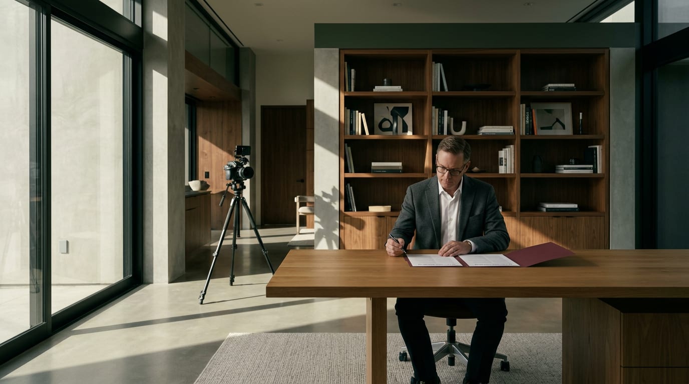 Financial advisor reviewing two compliance approval checklists at a desk with a video camera on a tripod visible in the background.