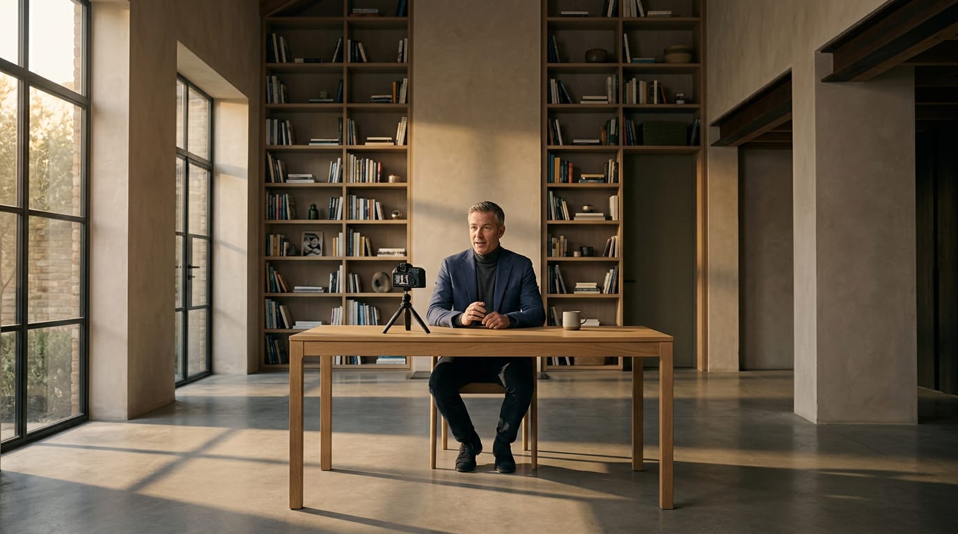 Financial advisor in his late 40s speaking directly into a camera on a tripod in a warm home office, recording a YouTube video.