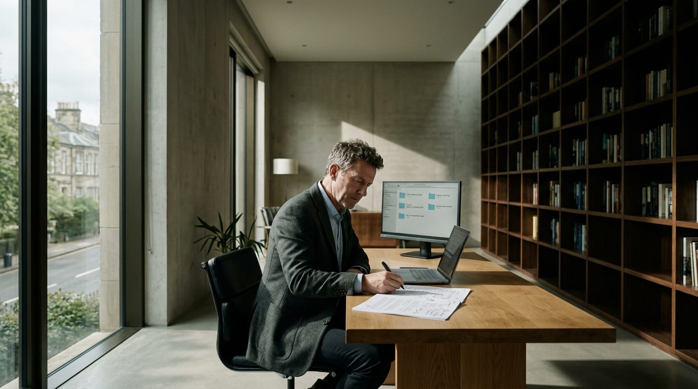 Financial advisor in a home office reviewing a compliance-annotated script beside a monitor showing organized shared compliance folders.