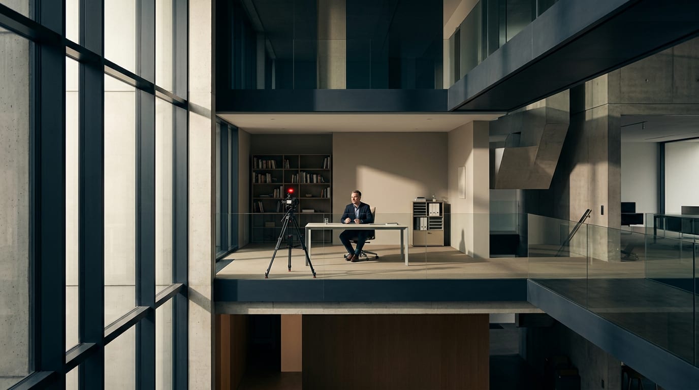 Financial advisor in his late 40s recording himself on camera in a clean home office with natural window light and a bookshelf behind him.