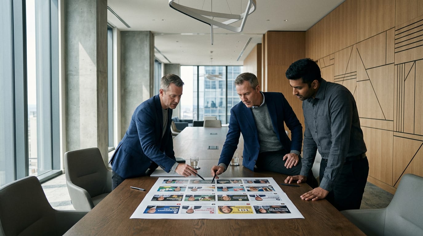 Financial advisor and marketing consultant reviewing printed YouTube video thumbnails from advisor channels spread across a conference table.