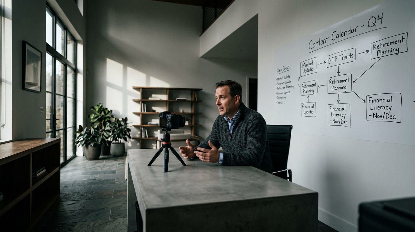 Financial advisor in his late 40s recording a YouTube video in a home office with a content calendar on a whiteboard behind him.