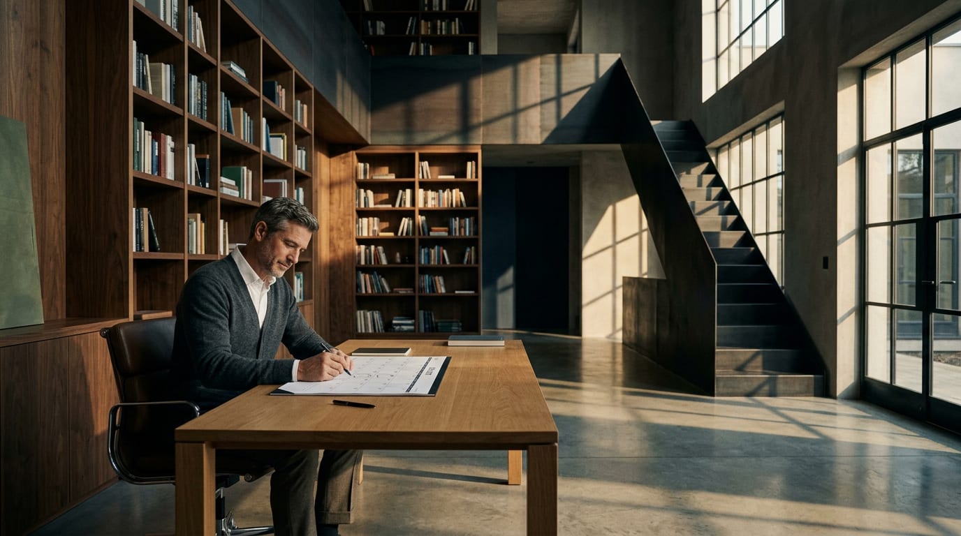 Financial advisor in his 40s reviewing a multi-month calendar at a wooden desk, pen in hand, planning a long-term YouTube content strategy.