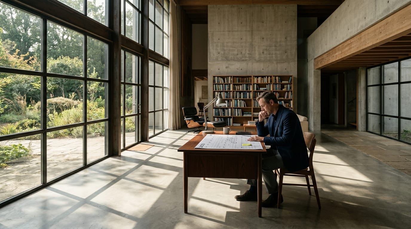Financial advisor in his late 40s reviewing a twelve-month calendar at a home office desk, circling dates with a pen, planning a long-term YouTube strategy.