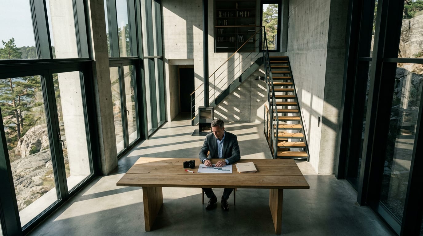 Financial advisor at a wooden desk comparing a camera, whiteboard marker, and branded folder representing YouTube marketing cost components.