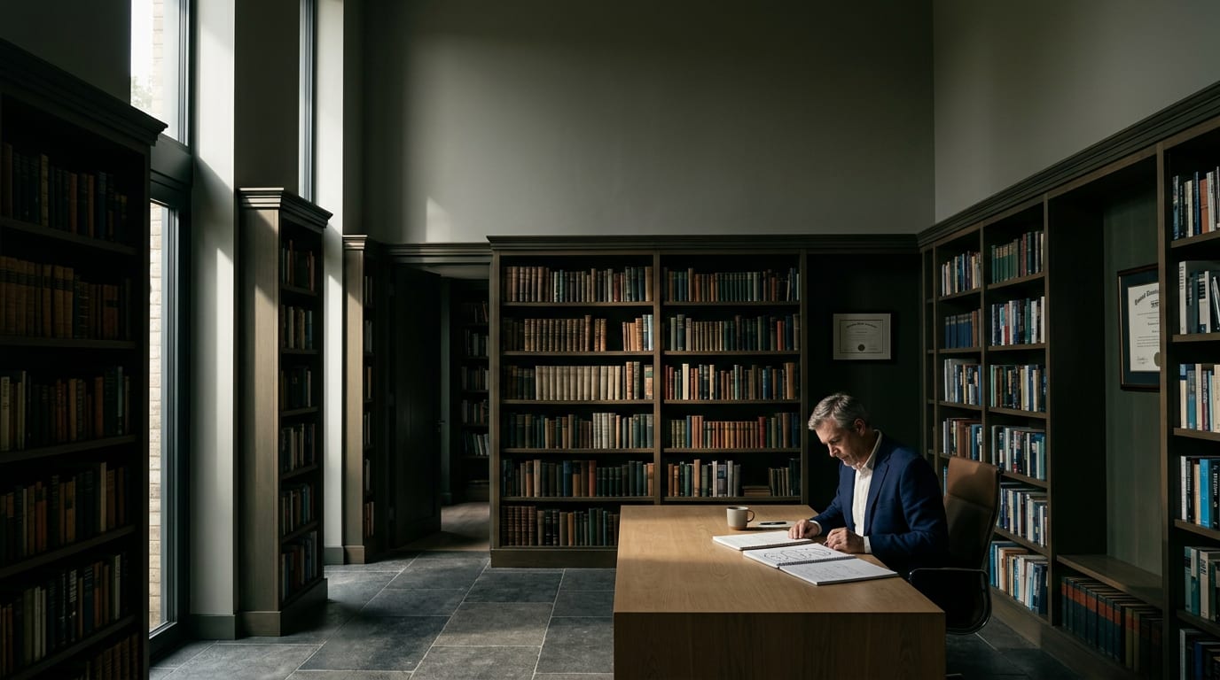 Financial advisor comparing handwritten client consultation notes with printed YouTube audience data, circling specific video titles at his desk.