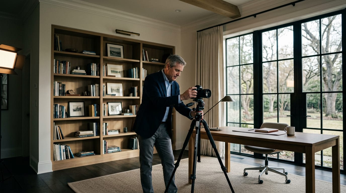 Financial advisor adjusting a camera on a tripod in a professional home office, preparing to record a YouTube video.