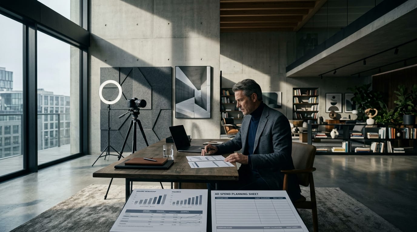 Financial advisor in his 50s at a home office desk reviewing organic video data beside a blank ad spend plan, camera visible behind him.