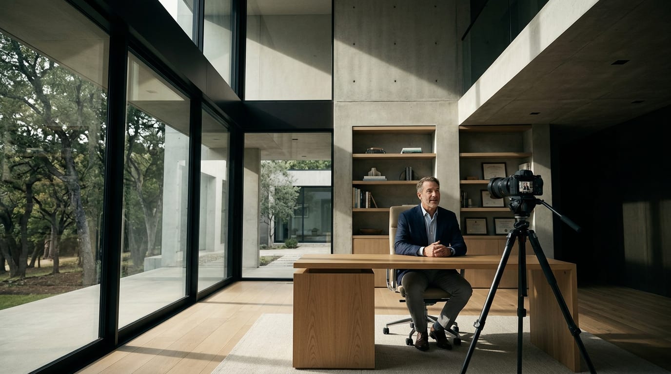 Financial advisor in his 50s recording a YouTube video on a professional camera in a warmly lit home office with bookshelf credentials visible.