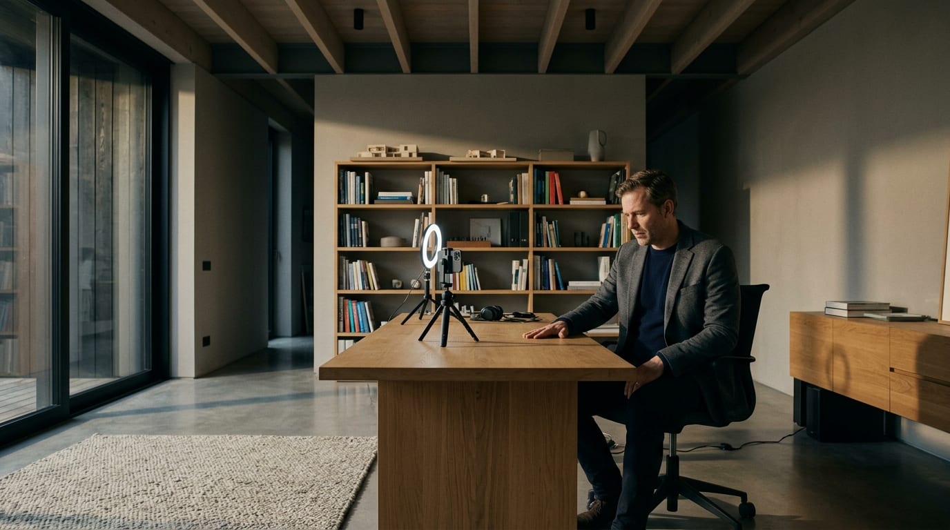 Financial advisor mid-recording at a home office desk, visibly stuck, camera and ring light in frame, no papers visible.