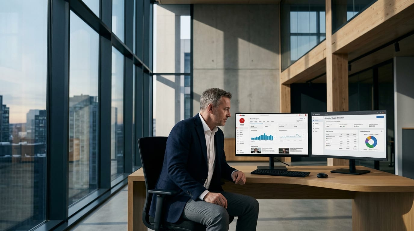 Financial advisor in his 50s reviewing YouTube channel analytics and ad budget allocation on dual monitors in a private office.