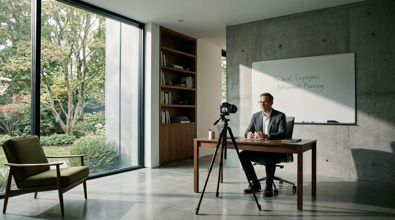 Financial advisor in his 40s recording a niche-focused YouTube video on a professional camera, whiteboard behind him showing a specific client topic.