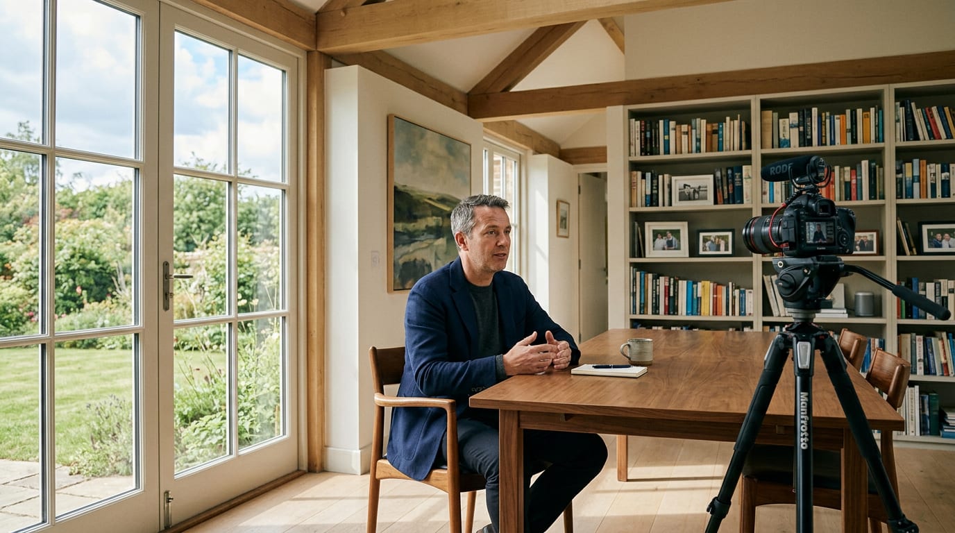 Financial advisor in his late 40s recording a YouTube video on a professional camera in a warmly lit home office, speaking directly to lens.