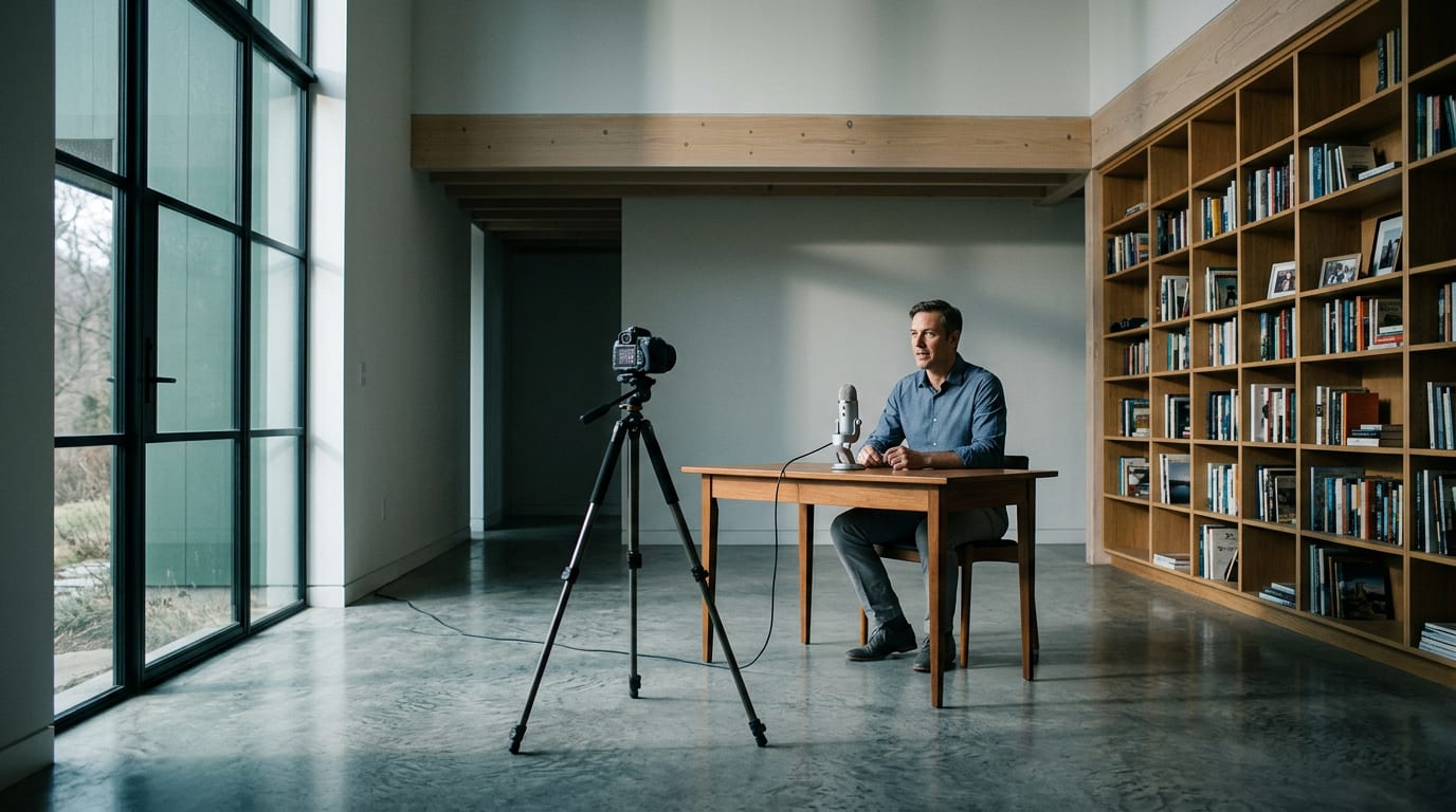 Solo financial advisor recording a YouTube video in a home office, speaking directly to camera with a USB microphone on the desk.