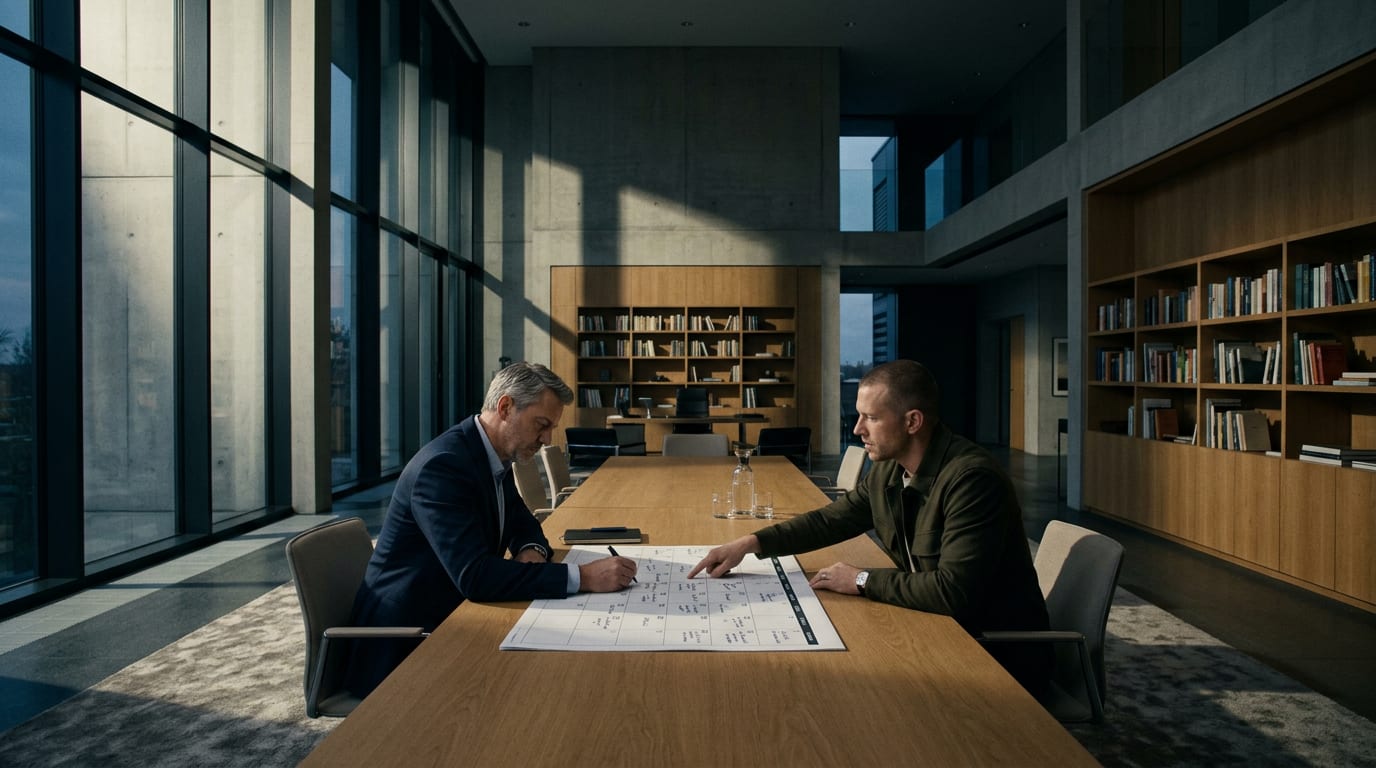 Financial advisor and YouTube strategist reviewing a content calendar together at a conference table in a private office.