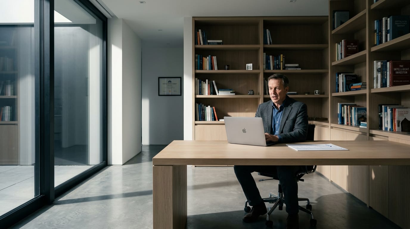 Financial advisor in his 50s speaking into a laptop camera during a YouTube strategy call in a home office with a CFP certificate on the wall.