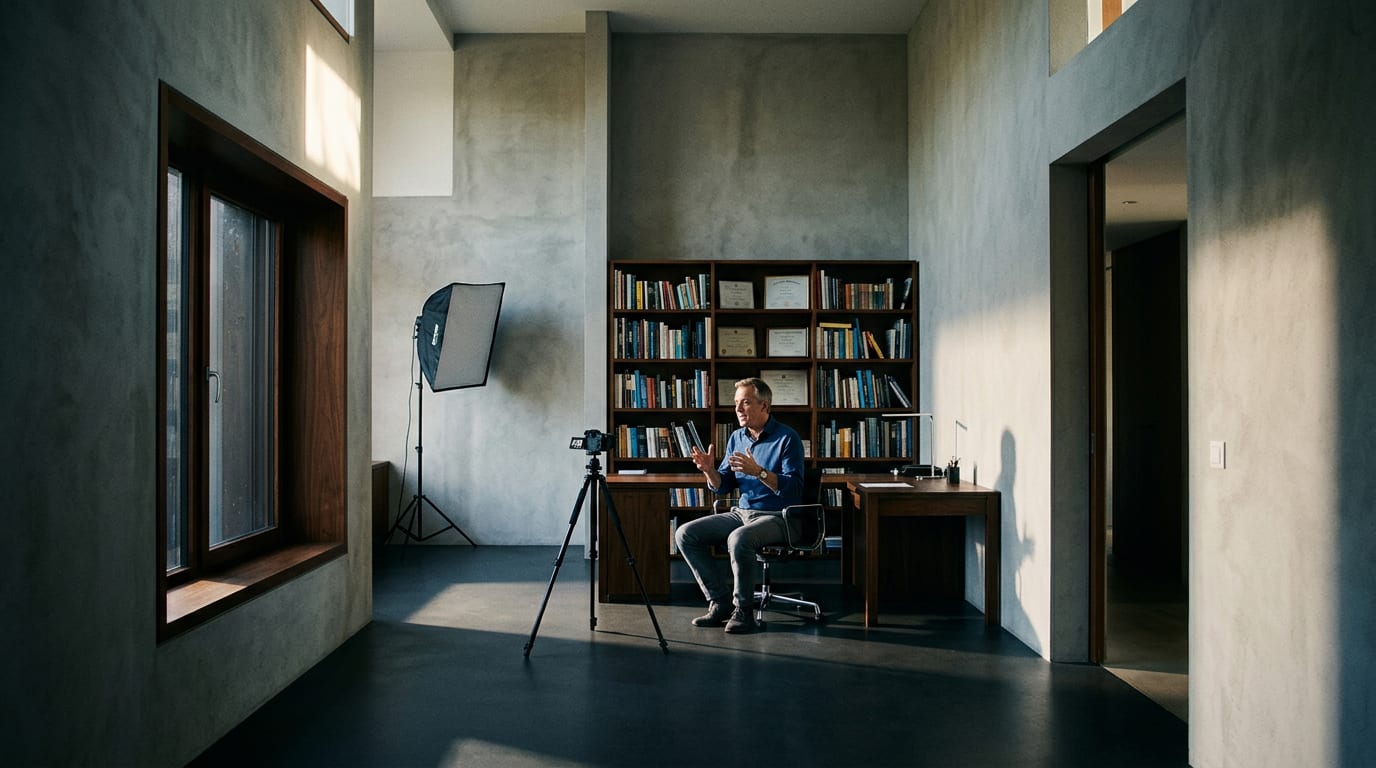 Financial advisor recording a YouTube video in a home office, looking directly into a camera on a tripod, softbox lighting to his left.