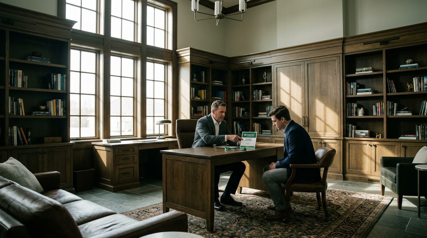 Financial advisor in his 50s reviewing a conference speaker credential badge with a colleague in a warm, book-lined home office.