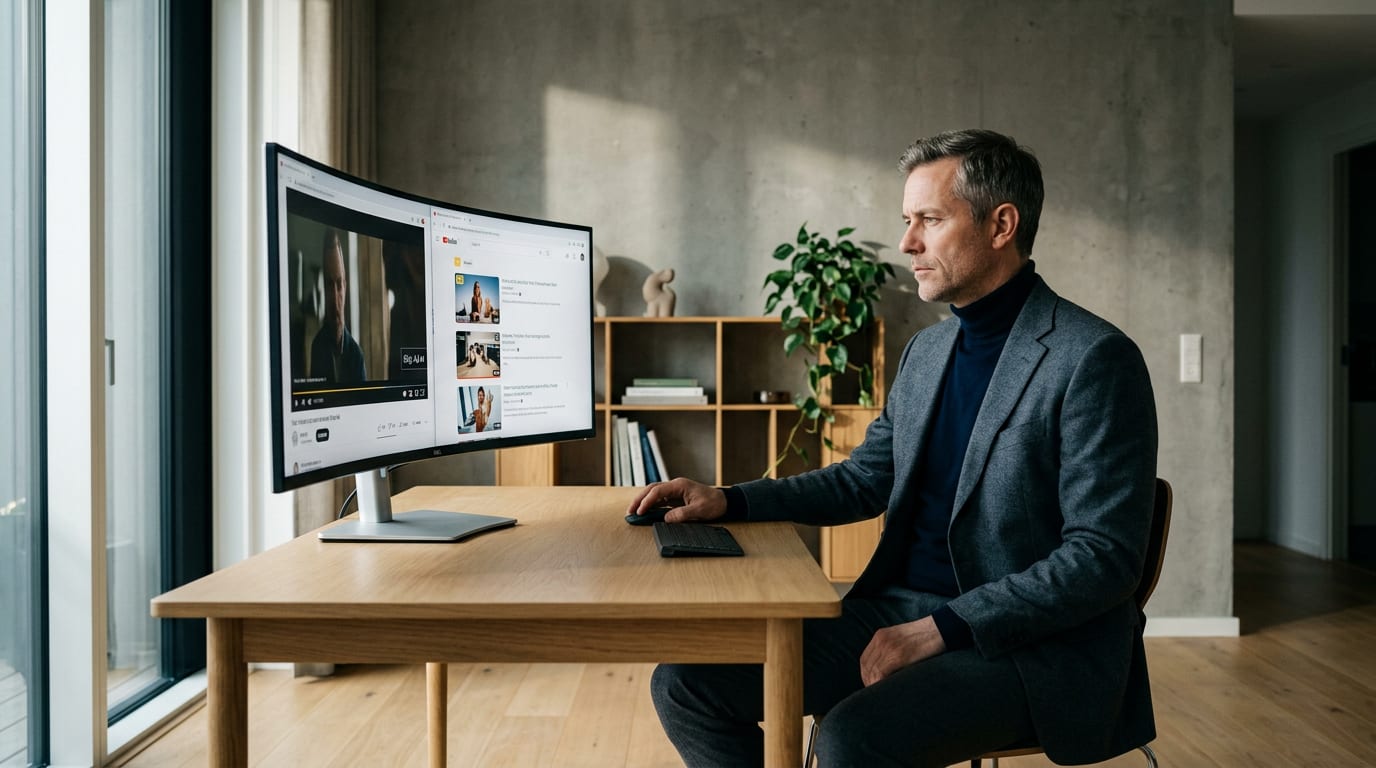 Financial advisor evaluating two YouTube ad format options on a large monitor in a home office with natural window light.