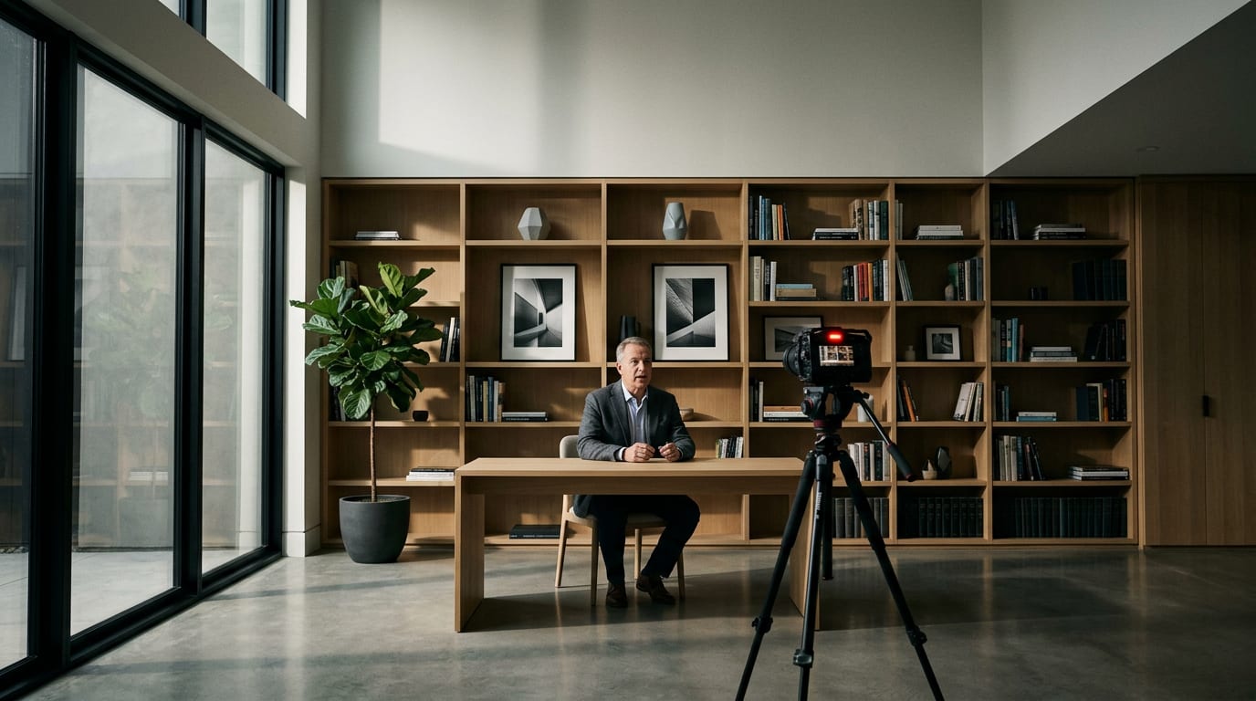 Financial advisor in his 50s recording a YouTube video at a home office desk, facing a camera on a tripod with a recording light on.