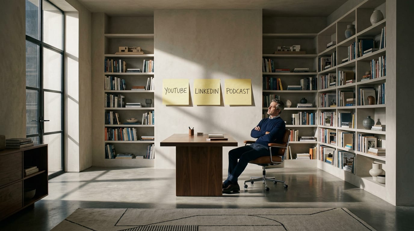 Financial advisor in his late 40s studying three sticky notes labeled YouTube, LinkedIn, and Podcast pinned to a wall in a home office.